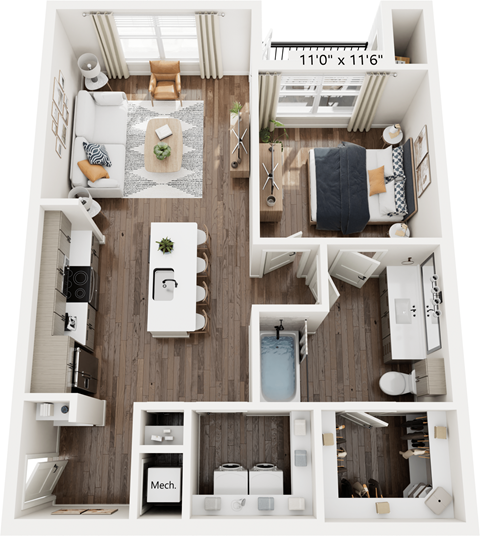 Floor plan for 1 bed, 1 bath, 750 sqft